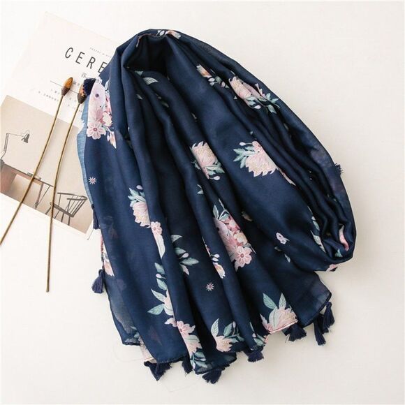 2/$30 Ladies Navy Blue Floral Scarf - Picture 4 of 7
